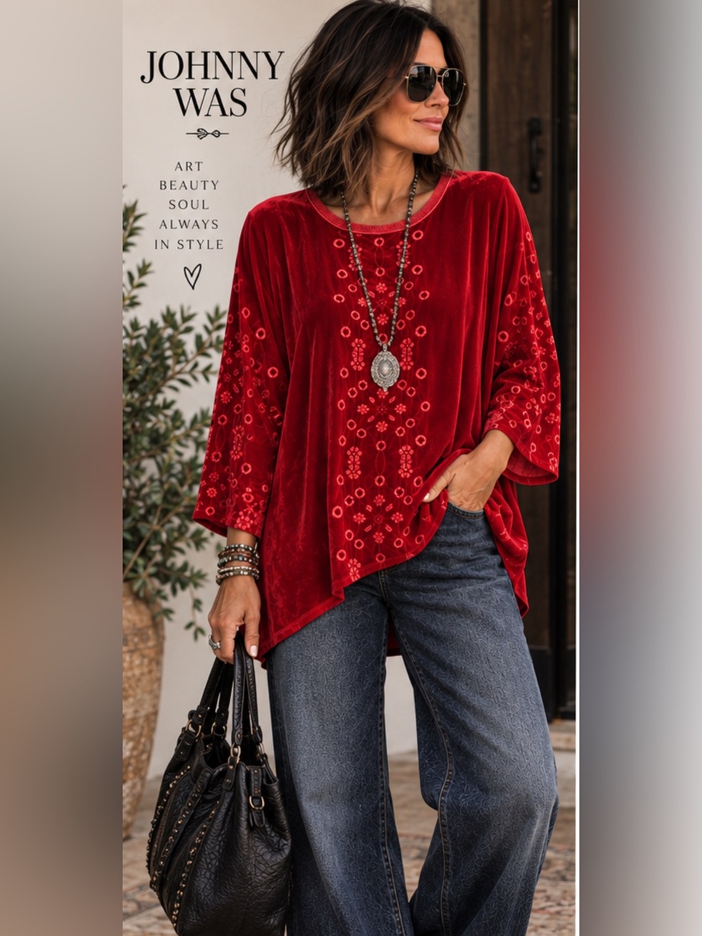 Johnny Was Red Velvet Embroidered Tunic Top Size Medium Boho Luxe